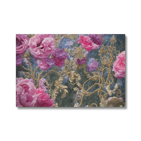 A beautiful floral rug hanging on a wall next to a picture of roses and flowers.