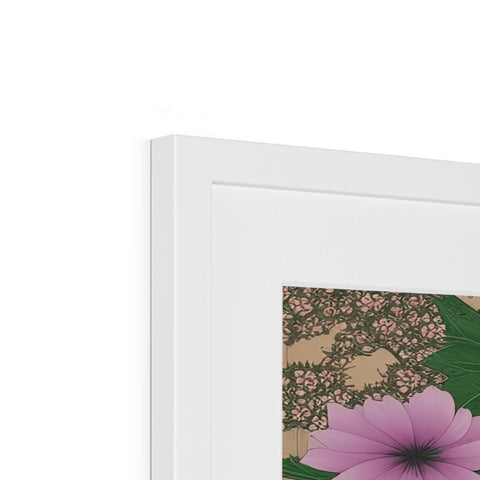 A beautiful image of flowers in a frame, in a dark green frame displayed on a