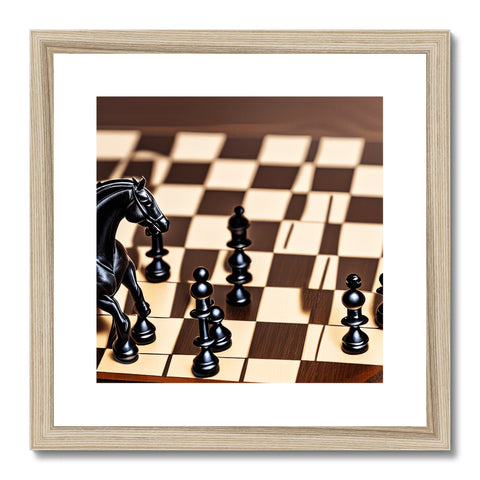 A chess playing board in a frame with some paper and an art print on it.