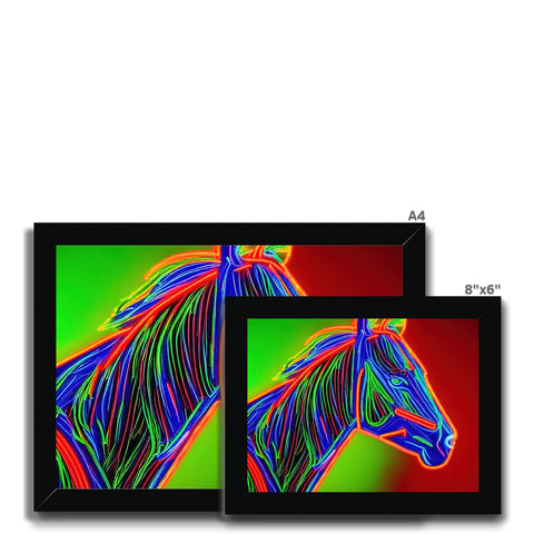 Two black riding horses in front of a picture of three laptops.