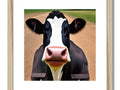 A close up of a cow holding his head up to the side of an image.