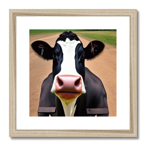 A close up of a cow holding his head up to the side of an image.