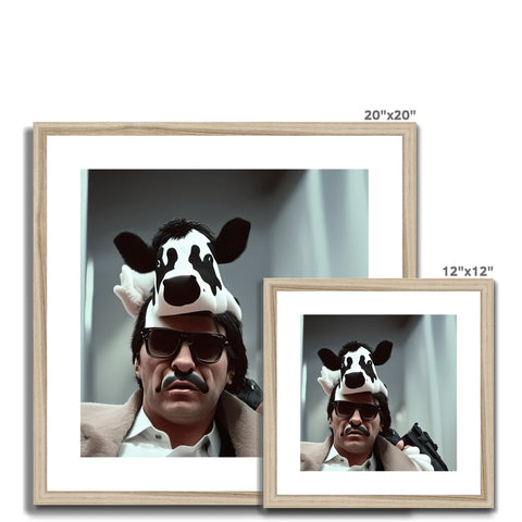 A picture of a stuffed bovine in framed photo with picture frames sitting in a