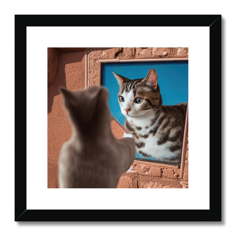 A cat peering at a framed image of a glass wall with a frame that has