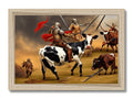 A cow fighting men a battle is shown in a painting on art prints.