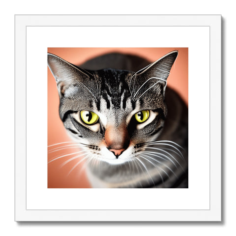 A cat in a white and white framed image in a room.
