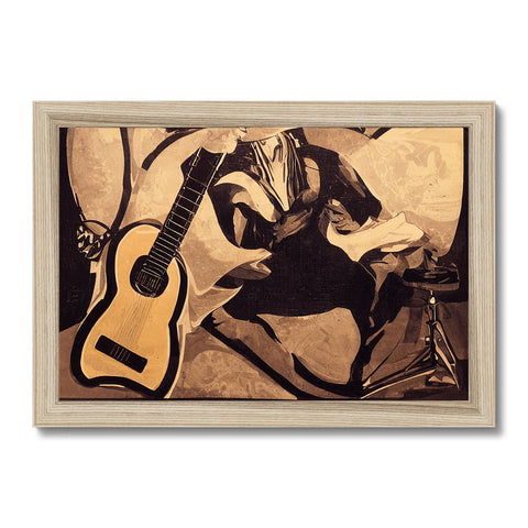 An acoustic guitar is sitting inside of a wooden framed picture.