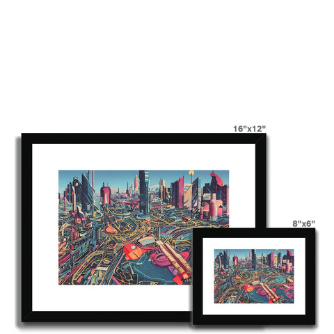 Art prints are on a picture frame with the city skyline and buildings.