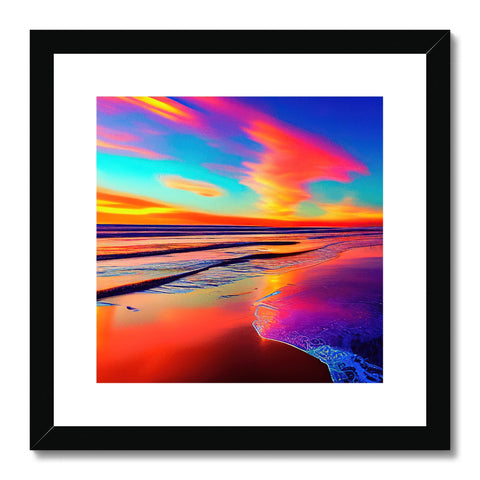 A sunset image made of a photo of ocean beach that is framed in white paper on
