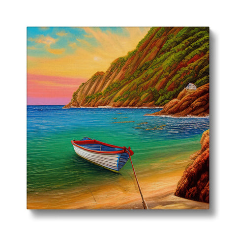 A sunset is looking over a beautiful ocean with a small boat on the shore.
