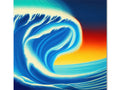 Large wave with colorful surfboard on the ocean water.