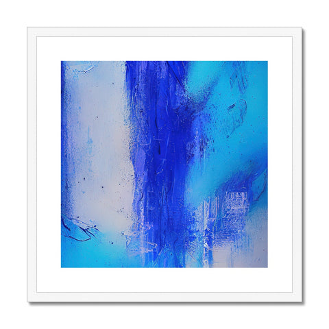 A large blue art print on a blue wall surrounded by water.