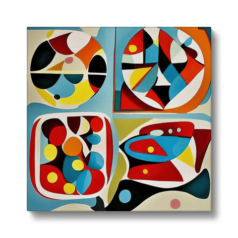 A group of paintings on a white wall hanging of various shapes of geometric artwork.