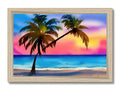A tropical sunset is sitting on top of a beach in a picture frame.