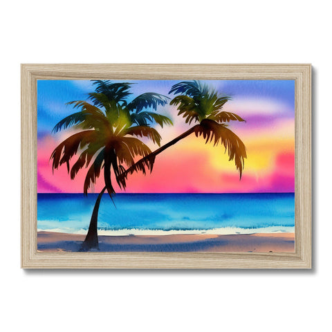 A tropical sunset is sitting on top of a beach in a picture frame.
