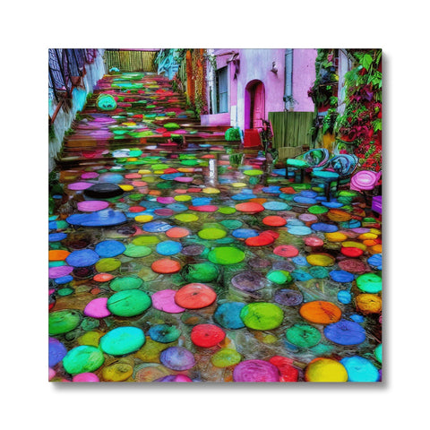 A colorful ceramic tile tile with a large picture of colorful frisbees on it and