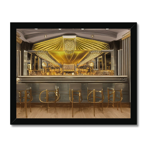 A metal bar that has a gold decorated frame and table with gilded glass and tables