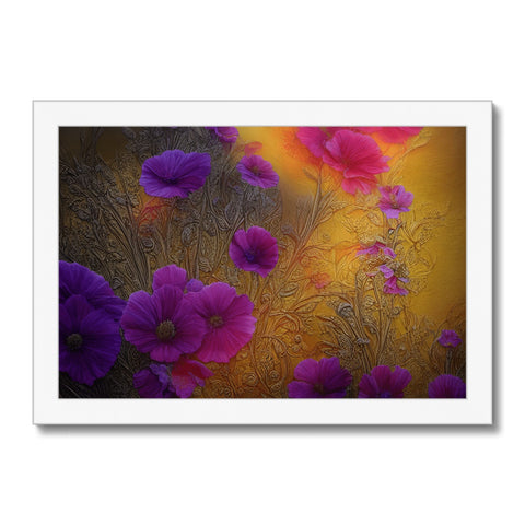 A flower bed with large purple flowers and a flower art print.