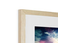 A white photo frame that has a frame wrapped in wood with a photograph inside.