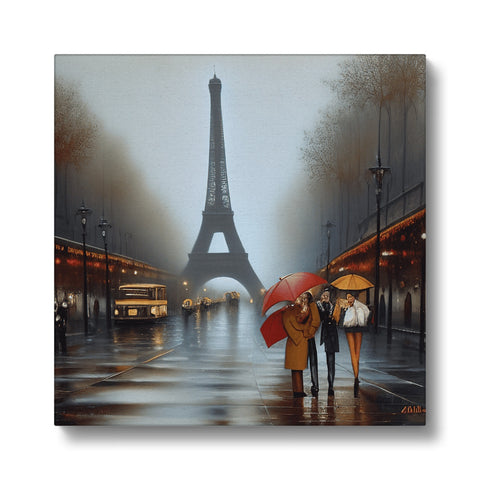 a painting of the Eiffel Tower on a grey rainy day in a city