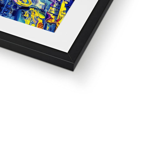 A colorful picture on a wall with an art print and a picture frame.