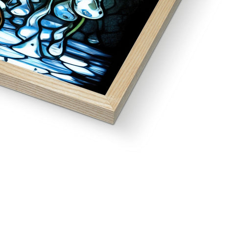 A stained glass art print at the top of a wooden frame sitting across from a pile