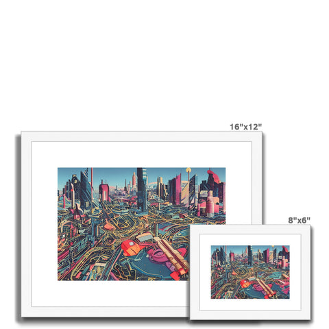Three picture frames with art prints of different views of the city skyline.