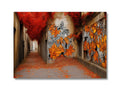 Fluffy orange butterflies sitting on a wall with a spray printed wall art on the front