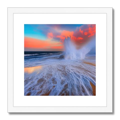 a golden ocean scene below a wave a white photo framed in a wooden frame with a