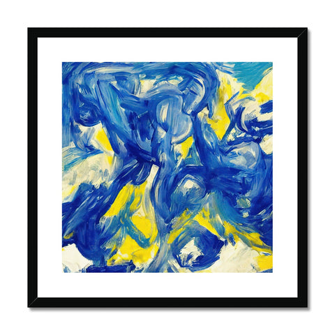 A blue art print on a white frame hanging on a wall