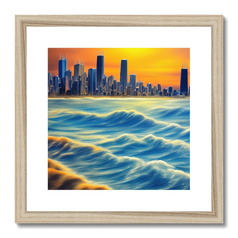 A framed picture of Chicago city skyline with water view on top of it.