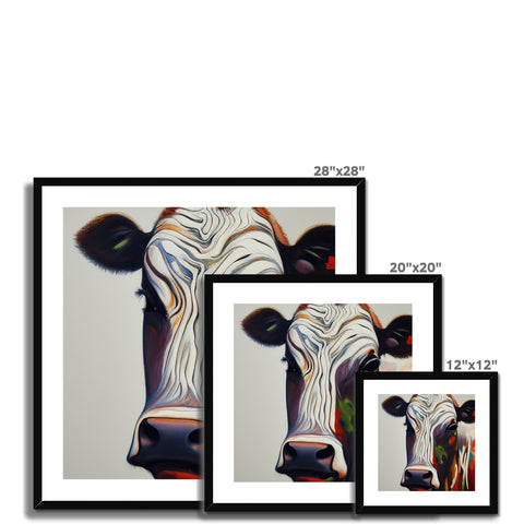 A cow stands in front of a picture plate for its photo.