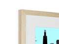 A wooden picture frame with a skyline and a city is in it