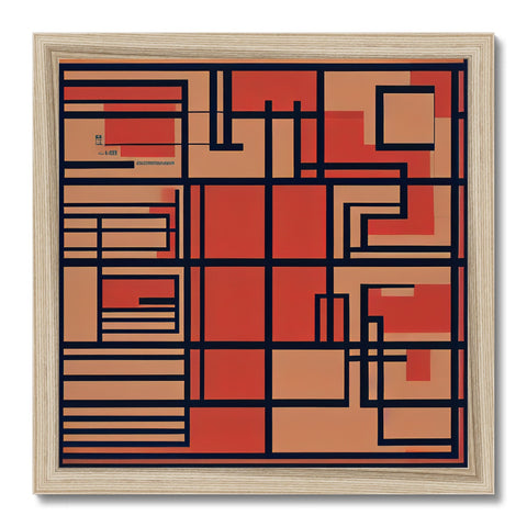 A wood colored wall hanging with orange and blue squares.