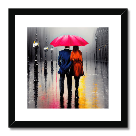 An art print of a person walking down the street under an umbrella with a pink star