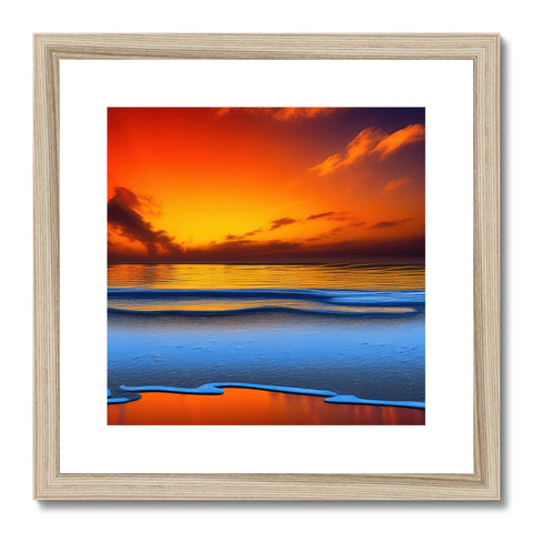 an art print with a sunset lying next to a beach and waves in the background.