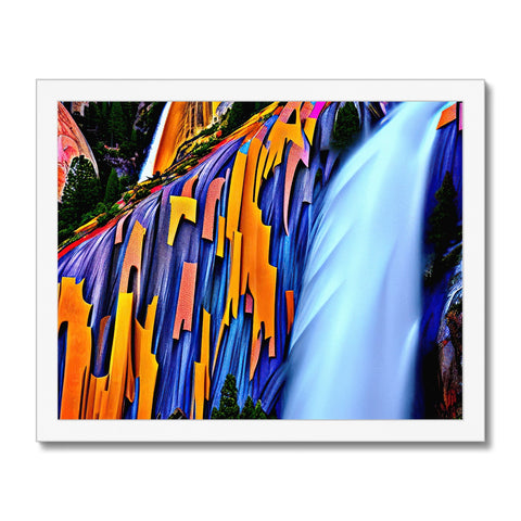 An art print hanging over a waterfall with some colorful water flowing into it.