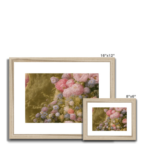 A white framed photograph of pink daisies, berries, and roses. 