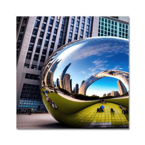 A mirrored wall of the city of Chicago holding a mouse pad and a mirror.
