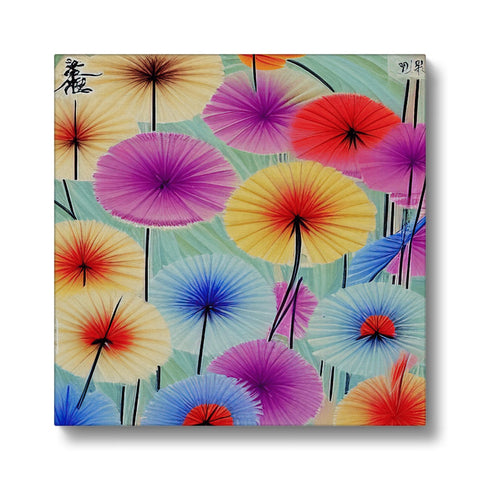A patterned ceramic tile with umbrellas printed by a woman with a colorful printed