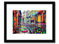 Art print of a street in flood water with a bridge in the background.