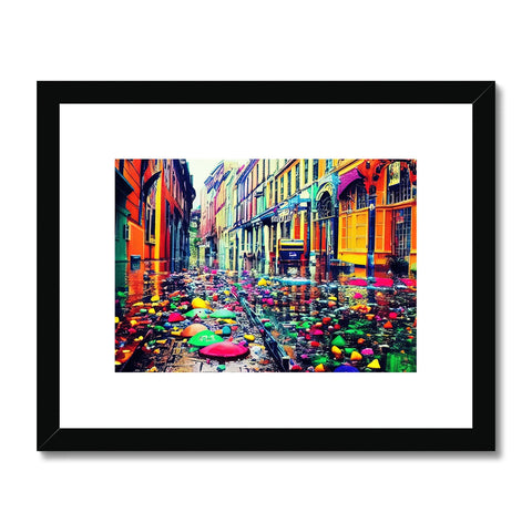 Art print of a street in flood water with a bridge in the background.