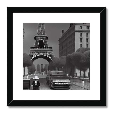 a black and white picture of Paris that is framed in wooden frames