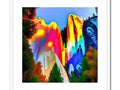 A rainbow painted art print with colorful images of a mountain of white trees and mountains.