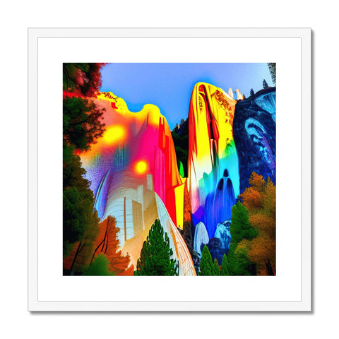 A rainbow painted art print with colorful images of a mountain of white trees and mountains.