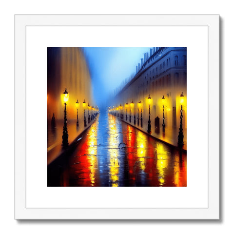 Art print of a city street behind a light fixture and two yellow streetlamps