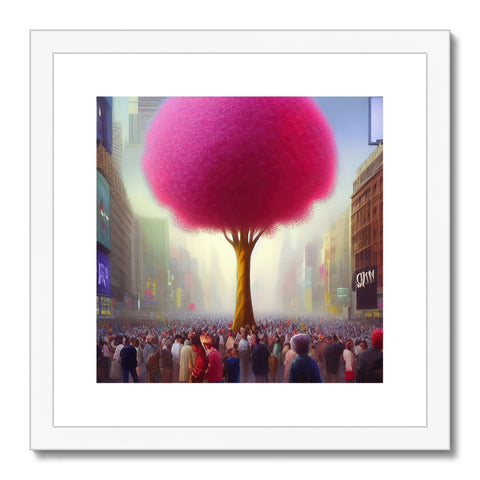 An art print of a picture of a flowering tree next to an archway.