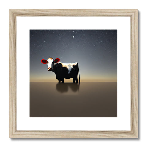 A cow in the grass laying on the grass under a starlit sky.