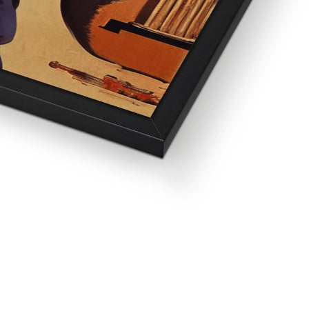 A wooden picture frame with a violin picture hanging over a picture of guitar.