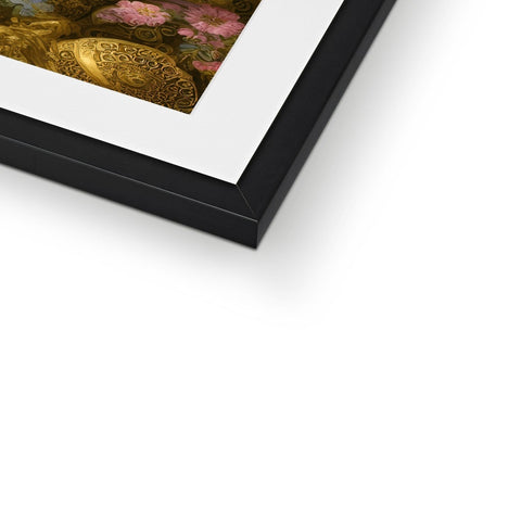 A softcover photo in a gold frame on a metal table held in place.